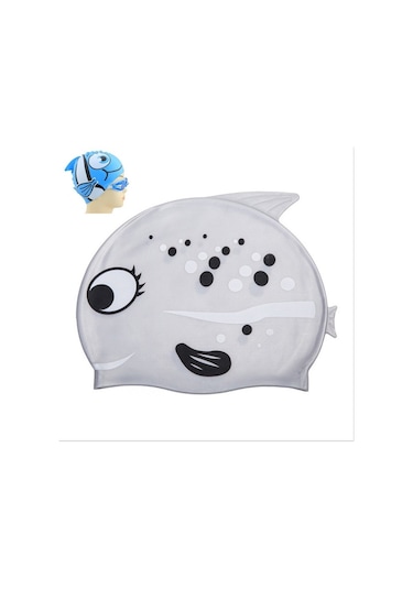 Kulak Koruma Küçük Balık Desenli Dalış Şapkası Çocuk Silikon Yüzme Şapkası E Gri