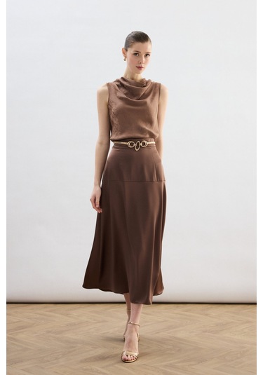 Sateen Yüksek Bel Saten Etek - Kahve-136782 Kahve