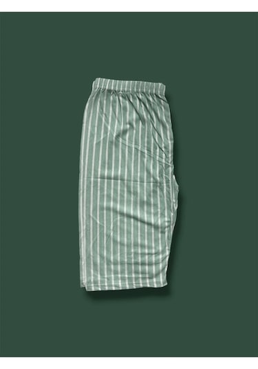 Desenli Penye Diz Altı Büyük Beden Anne Kadın Kapri Yeşil Çizgili