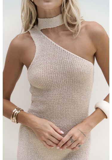 Kamalas Asimetrik Triko Bej Uzun Elbise Bej