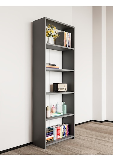 Alpa Ev Mobilya 5 Raflı Kitaplık, Modern Çok Amaçlı Ahşap Ofis, Salon Ve Mutfak Raf Dolabı Antrasit