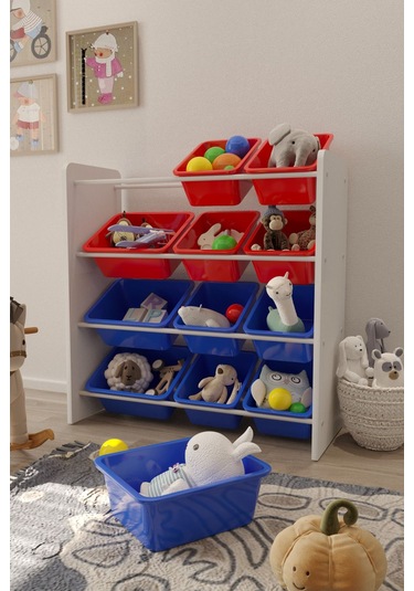 12 Sepetli Çok Amaçlı Oyuncak Dolabı Montessori Dolap Kırmızımavi Kırmızı - Mavi