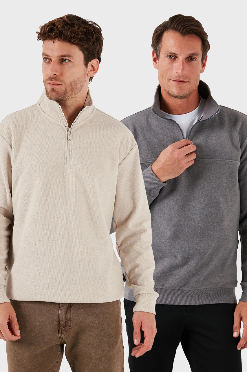 Buratti Pamuklu Regular Fit Yarım Fermuarlı Dik Yaka 2'Li Paket Erkek Kazak 456112S2 Bej-Gri