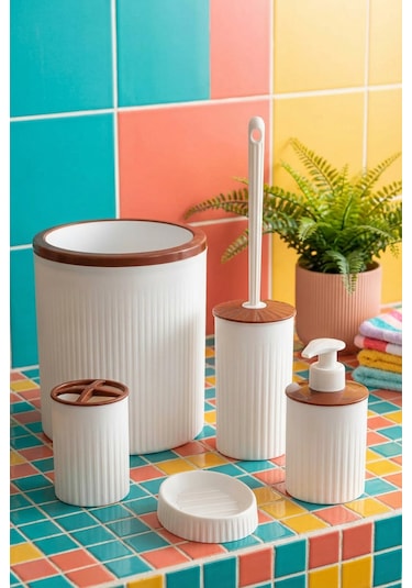 Makri Home 5 Parça Şık Beyaz Banyo Seti, Hacim: 6 Litre Beyaz