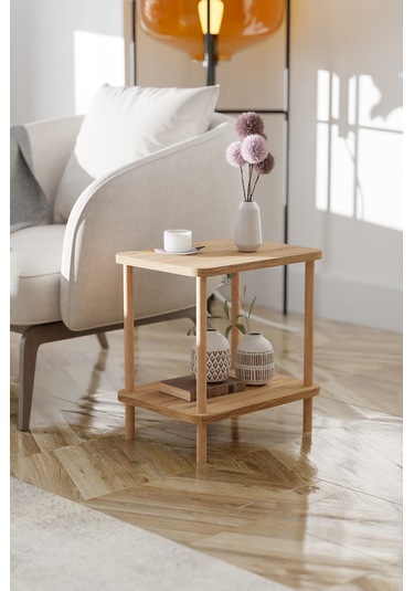 2 Raflı Yan Sehpa Geniş Gazetelik Kitaplık Çiçeklik -çam