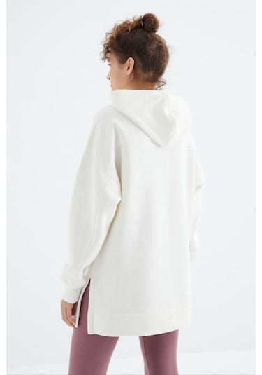 Tommy Life Ekru Reglan Kol Basic Kapüşonlu Oversize Sweatshirt Tunik - 97242 Ekru
