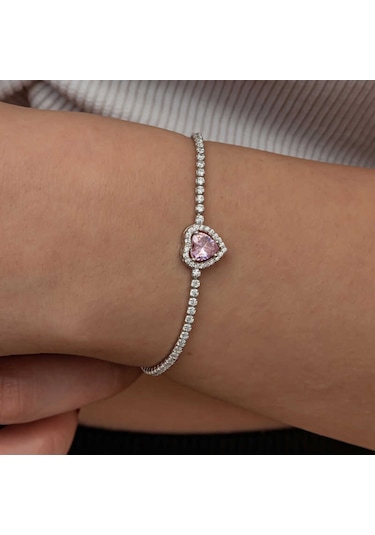 Gümüş Pembe Taşlı Kalpli Su Yolu Bileklik Gümüş