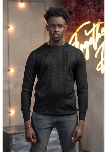 Regular Fit Yünlü Kendinden Desenli Bisiklet Yaka Triko Kazak Siyah