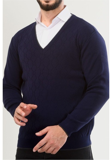 Kamalı Lacivert Erkek V Yaka Triko Uzun Kol Standart Fit Tüylenmeyen Triko Kışlık Örgü Kazak Lacivert