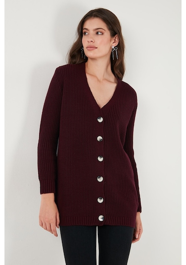Lela Regular Fit V Yaka Düğmeli Triko Örme Uzun Bayan Hırka 4615044 Bordo