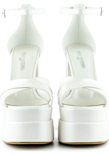 Erkan Saçmacı Celine İnci Beyaz Önü Açık Çapraz Bantlı Çift Platformlu Kalın Topuklu Abiye Gelin Ayakkabısı