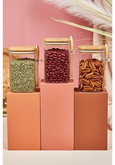 3 Lü Kaşıklı Cam Kavanoz Seti Baharatlık Saklama Kavanozu 550 Ml Çok Renkli