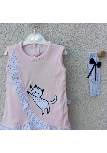 3-9 Ay Kız Bebek Badi Kedili Fırfırlı Bandanalı Pembe