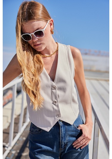 Bigdart 6794 Çizgili Dokuma Yelek - Bej 001