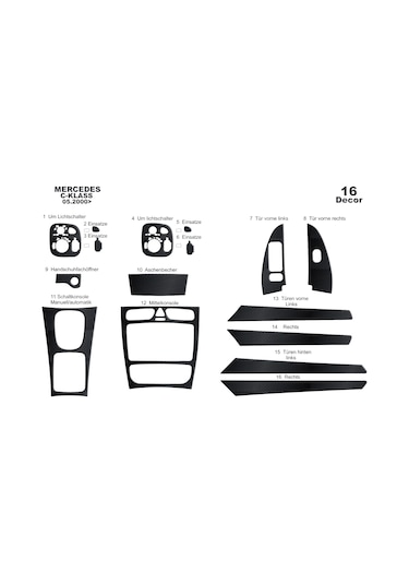 Mercedes C Serisi Konsol-torpido Kaplama 2000-2006 16 Parça-siyah Karbon Siyah Karbon