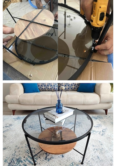 Nordic Orta Sehpa Temperli Cam 75 Cm Demonte Çizilmez Kırılmaz Metal Çerçeve Raflı Minimalist Sehpa - Atlantik Çam Atlantik Çam