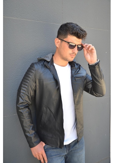 Prifaldi Erkek Kapüşonlu Deri Mont Siyah(554875697)