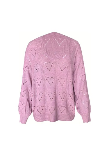 Pazarella Kadın Uzun Kollu V Yakalı Kalpli Salaş Triko Bluz Pembe