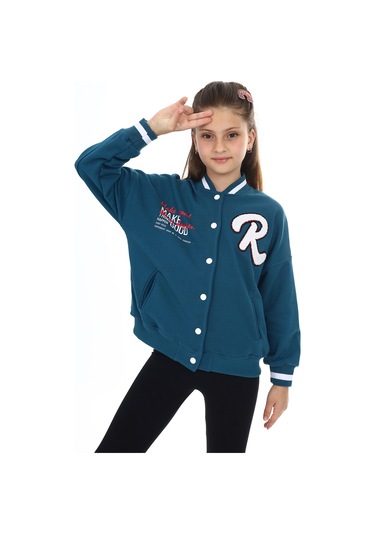 Toontoy Kız Çocuk Baskılı Kolej Hırka Petrol Mavi