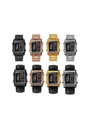 Fastbuy Skmeı 1868 Kare Çift Ekran Su Geçirmez Erkek İzle, Stil: Çelik Kemer Gül Altın Çok Renkli Çok Renkli