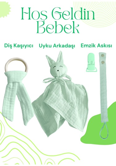 Hoş Geldin Bebek Seti 3'lü %100 Pamuk Müslin Mint Yeşili