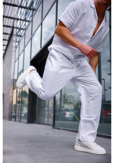 Keten Baggy Beyaz Renk Erkek Pantolon-1764 Beyaz