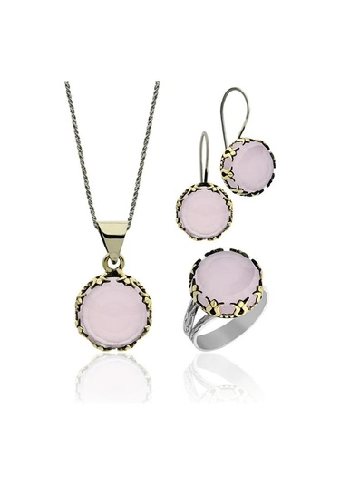 Pembe Kuvars Taşlı Lale Motifli Yuvarlak Otantik Gümüş Kadın Set Rs10022