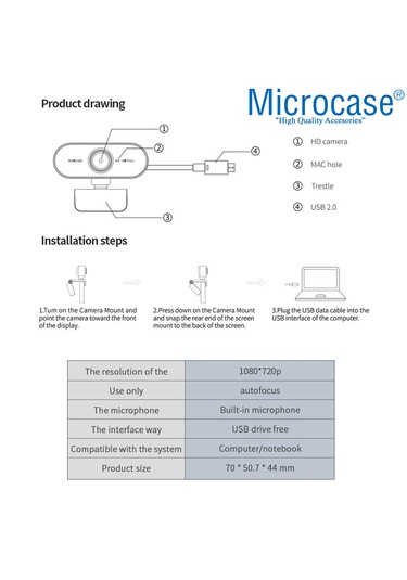 Microcase 1080p 360 Dönerli Mandal Kıskaçlı Full Hd Webcam Kamera Zr811 - Al5148