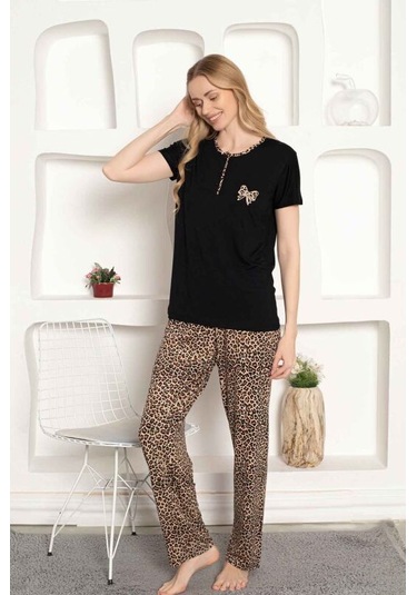 Monox Kadın Leopar Baskı Kısa Kol Uzun Alt Pijama Takımı Siyah