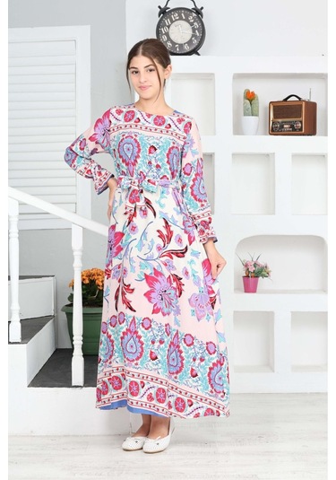 Kız Çocuk Viskon Kumaş Desenli Uzun Elbise Mavi