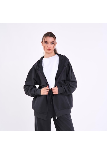 MMetalic Antrasit Kanguru Cepli Kapüşonlu Fermuarlı Oversize Kadın Sweatshirt Antrasit