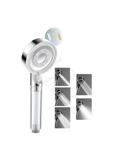 Ahlez Filtreli 5 Fonksiyonlu Çelik Su Tasarruflu Duş Başlığı Krom Beyaz