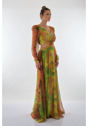 Explosion V Yaka Uzun Kol Maxi Şifon Elbise - Bohemian Stil Fıstık Yeşili