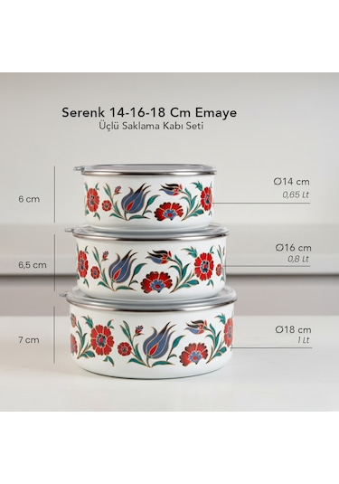 Serenk 14-16-18 Cm Emaye Üçlü Saklama Kabı Seti Çok Renkli