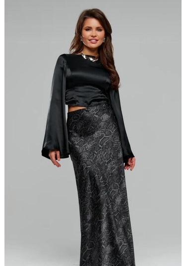 Madmext Siyah Desenli Saten Kadın Uzun Etek Mg2333 Siyah