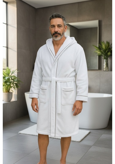 % 100 Pamuklu Laodikeia Kapşonlu Unisex Kadın Erkek Bornoz Beyaz
