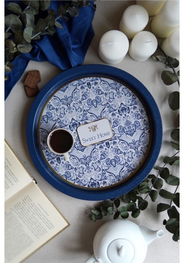 Lisbon Desenli Yuvarlak Metal Tepsi, 31,5 Cm Desenli