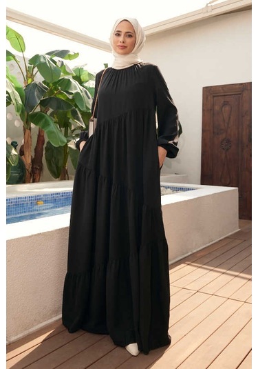 6614-denim Büzgülü Tensel Elbise Siyah