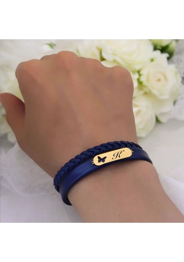 Archin K Harfine Özel Kelebek Motifli 14 Ayar Altın Plakalı Lacivert Derili Hediye Bileklik-616harf K
