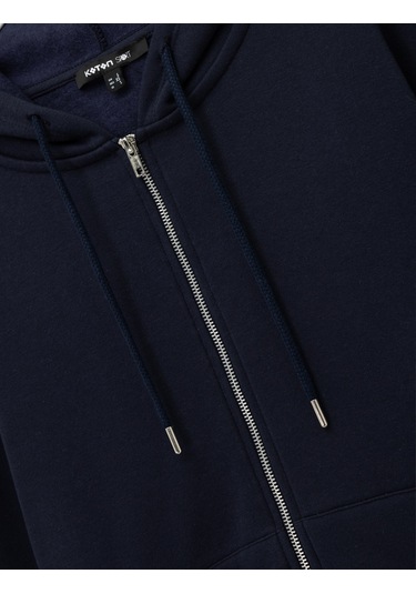 Koton Fermuarlı Kapüşonlu Kanguru Cepli Uzun Kollu Şardonlu Oversize Spor Sweatshirt Lacivert 6wak10151nk Lacivert
