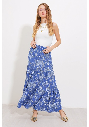 Kadın İndigo Desenli Uzun Viskon Etek 1898 1898bgd19-043-14688 001