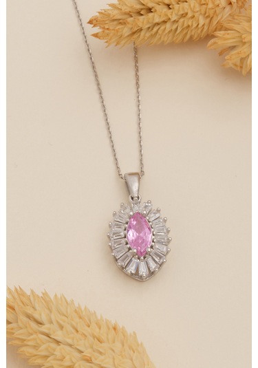 Kadın Gümüş Kolye - Damla Model Pembe Zirkon Taşlı Baget Süslemeli Rodyumlu Kadın Kolye
