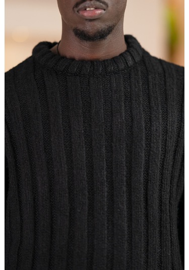 Oversize Kendinden Çizgili Pamuklu Kalın Triko Spor Kazak Siyah