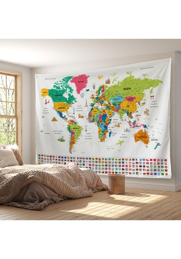 Türkçe Ülke Bayrak Lı Eğitici Başkent Detaylı Atlası Dünya Haritası Duvar Örtüsü-halısı 3841