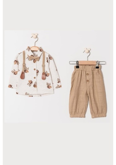 Erkek Bebek Kirpi Baskılı Slopetli Papyonlu Takım Açık Kahverengi
