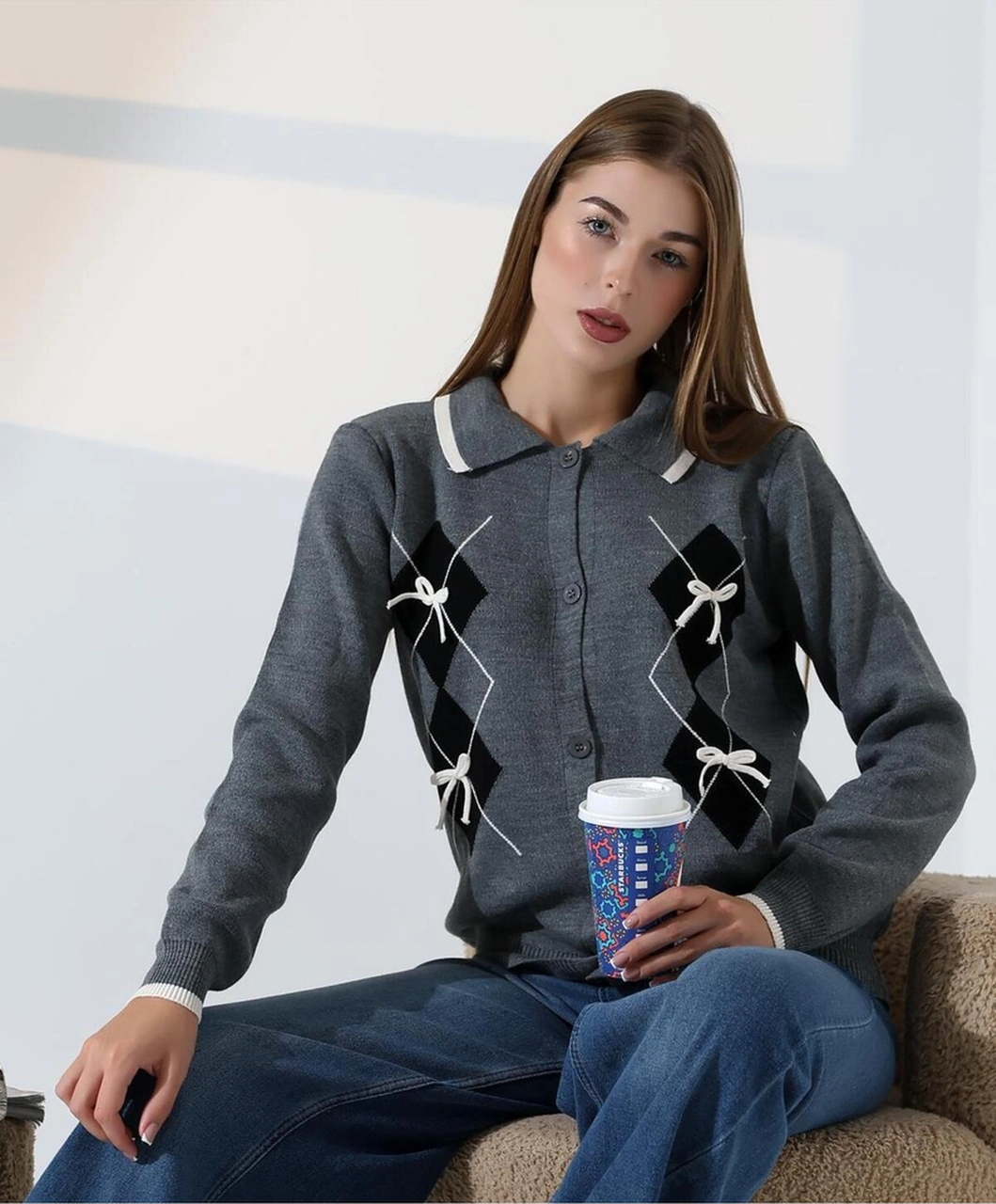 Baklava Desen Polo Yaka Kadın Kazak Antrasit