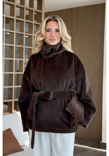 Acı Kahve Yaka Düğmeli Kuşaklı Peluş Ceket - 1624 Acı Kahve