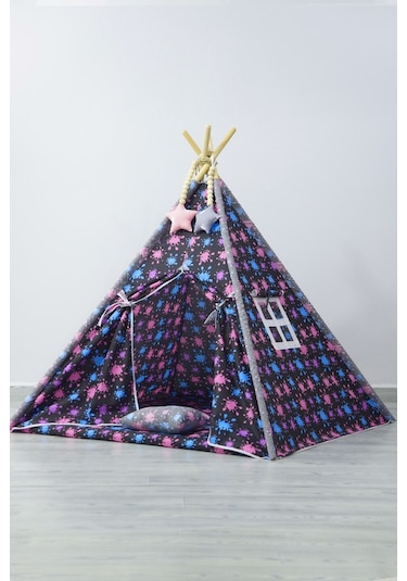 Yıldız Desen, Ahşap Direkli, Pencereli Doğal Ev-bahçe Çocuk Oyun Çadırı, Gri Siyah