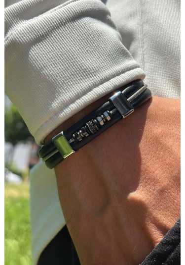 Zirkon Taşlı El İşçiliği İle Üretilmiş Hakiki Deri Erkek Bileklik Siyah