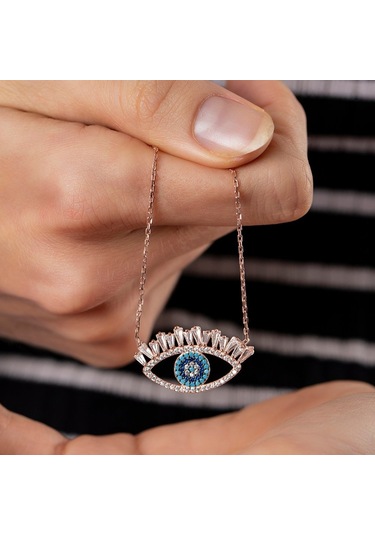 Zirkon-Turkuaz Taşlı Rose Renk 925 Ayar Gümüş Göz Kolye (459601982)